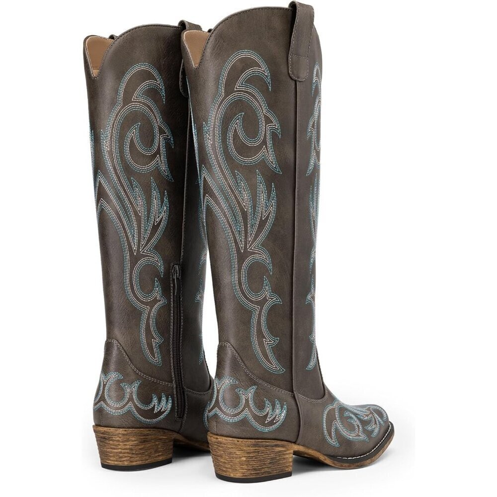 Women's Dark Brown Embroidered Cowboy Boots Comfortable Cowgirl Knee High Boots - Picture 8 of 8